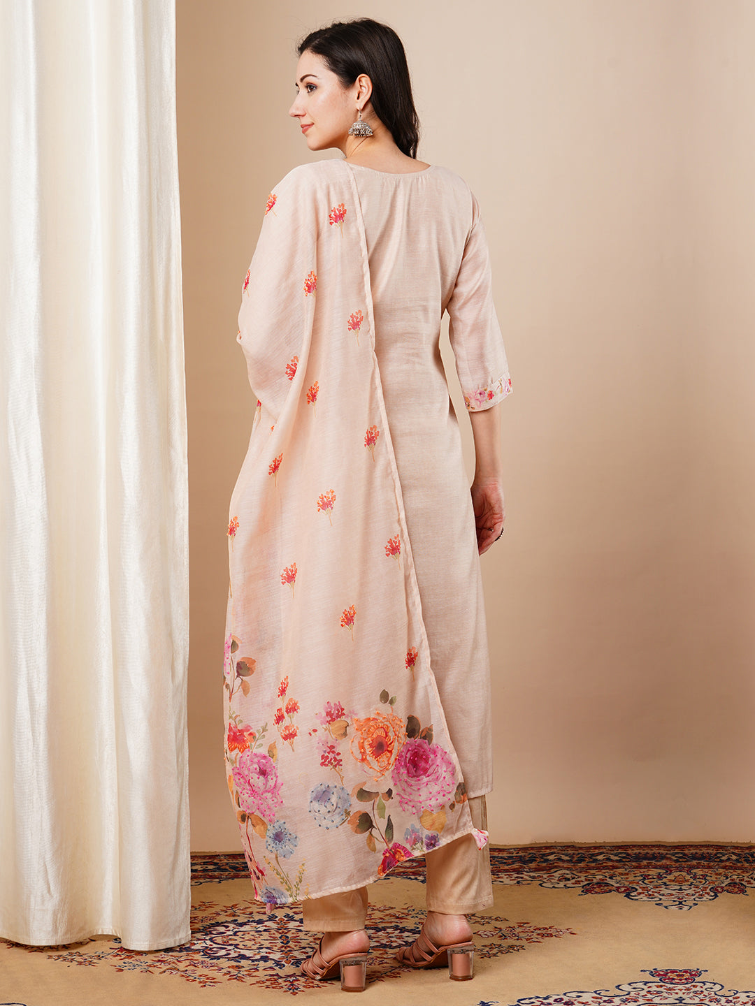 Floral Printed & Embroidered Straight Fit Kurta with Pant and Dupatta - Beige