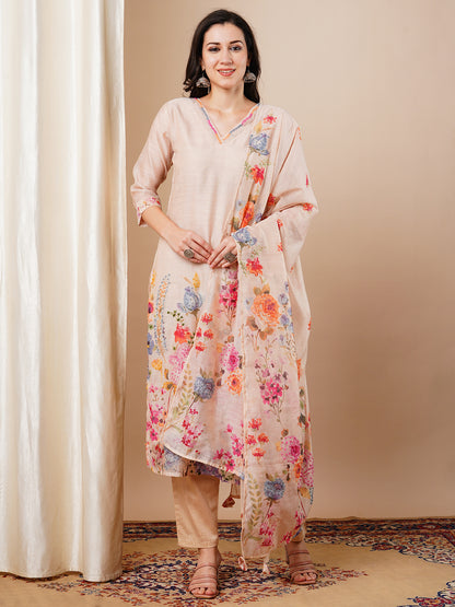 Floral Printed & Embroidered Straight Fit Kurta with Pant and Dupatta - Beige