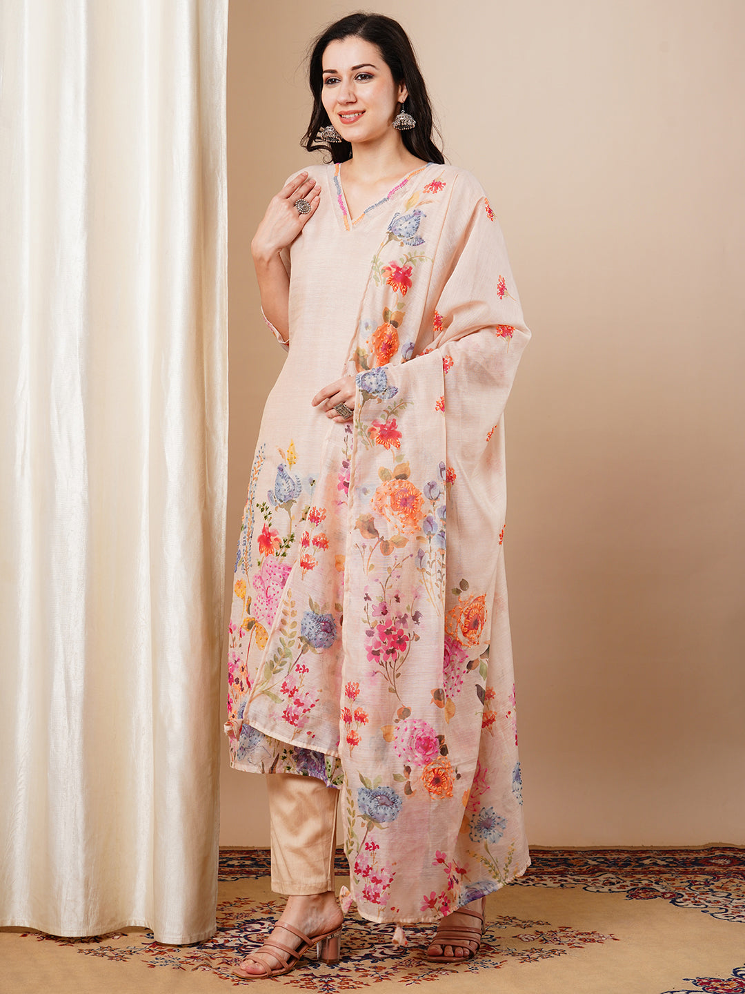 Floral Printed & Embroidered Straight Fit Kurta with Pant and Dupatta - Beige