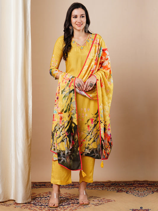 Abstract Floral Printed & Embroidered Straight Kurta with Pant & Dupatta - Yellow