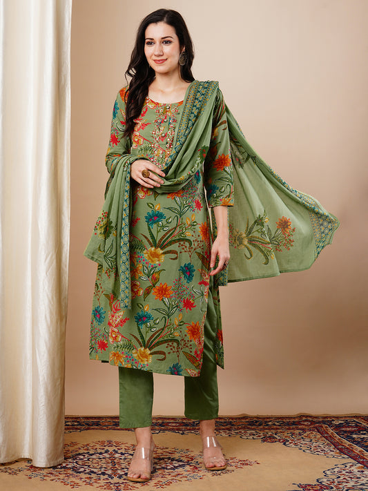 Floral Printed Embroidered Straight Fit Kurta with Pant & Dupatta - Green