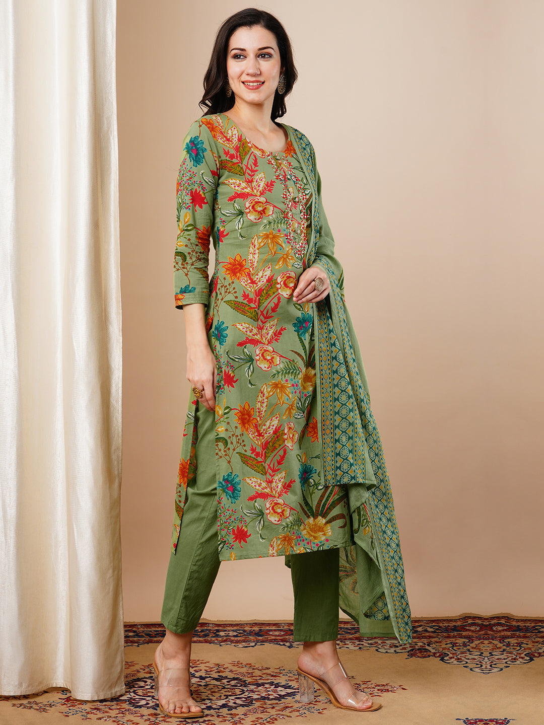 Floral Printed Embroidered Straight Fit Kurta with Pant & Dupatta - Green