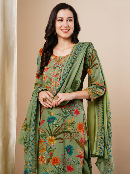 Floral Printed Embroidered Straight Fit Kurta with Pant & Dupatta - Green