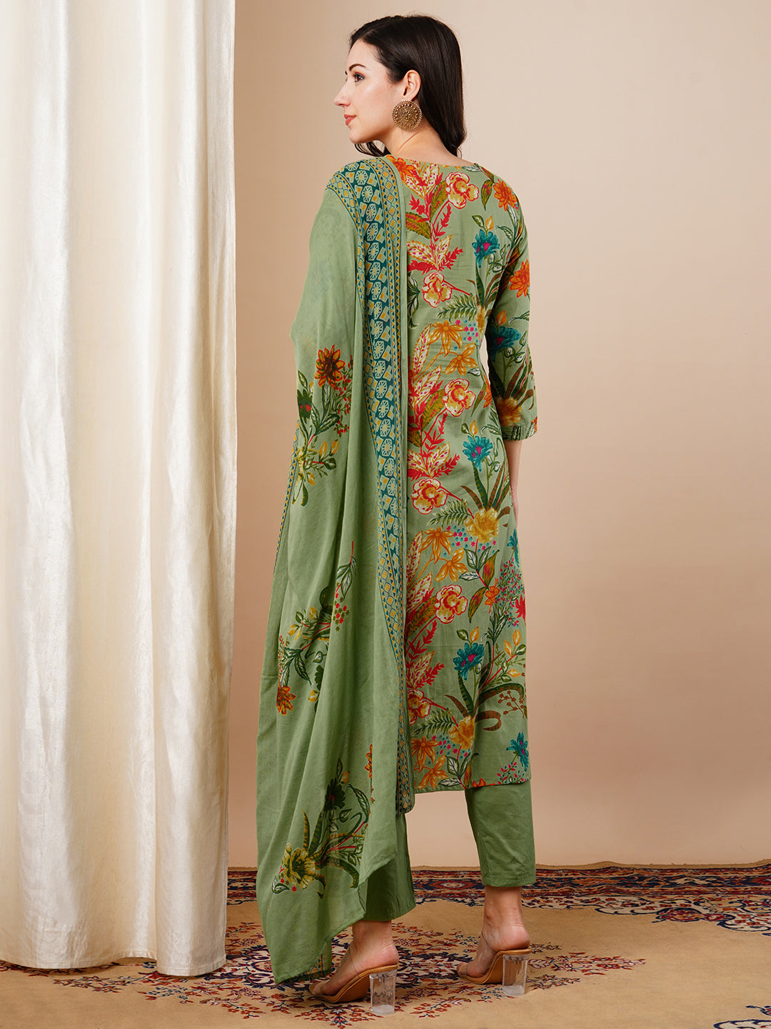 Floral Printed Embroidered Straight Fit Kurta with Pant & Dupatta - Green