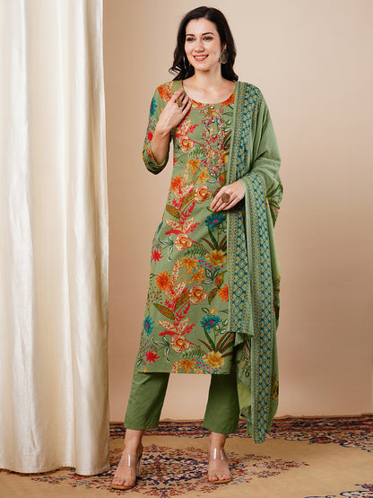 Floral Printed Embroidered Straight Fit Kurta with Pant & Dupatta - Green