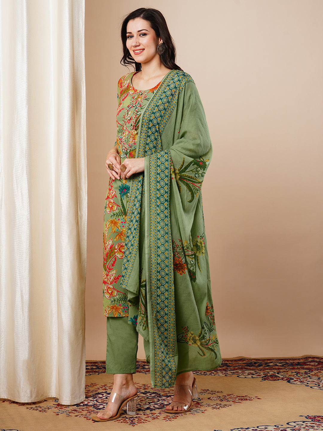 Floral Printed Embroidered Straight Fit Kurta with Pant & Dupatta - Green