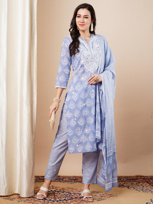 Ethnic Printed & Embroidered Straight Fit Kurta with Pant & Dupatta - Lavender