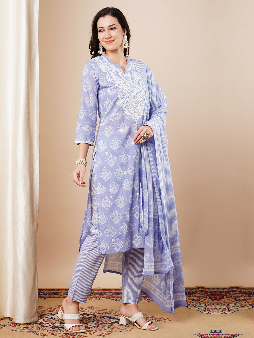 Ethnic Printed & Embroidered Straight Fit Kurta with Pant & Dupatta - Lavender