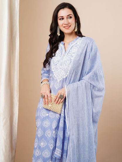 Ethnic Printed & Embroidered Straight Fit Kurta with Pant & Dupatta - Lavender