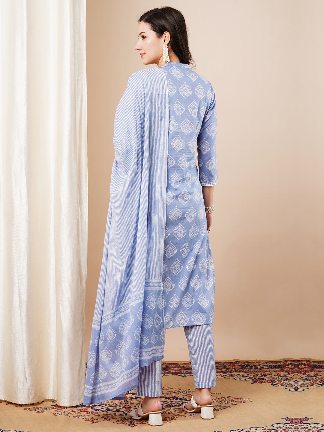 Ethnic Printed & Embroidered Straight Fit Kurta with Pant & Dupatta - Lavender