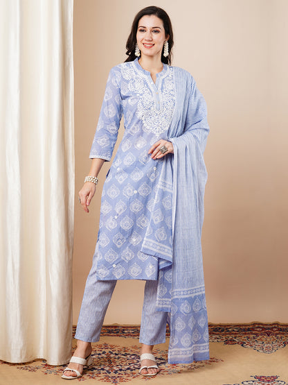 Ethnic Printed & Embroidered Straight Fit Kurta with Pant & Dupatta - Lavender