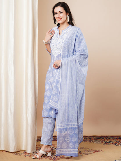 Ethnic Printed & Embroidered Straight Fit Kurta with Pant & Dupatta - Lavender