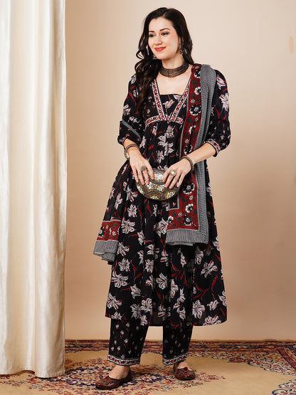 Floral Printed Embroidered Anarkali Flared Kurta with Palazzo & Dupatta - Black