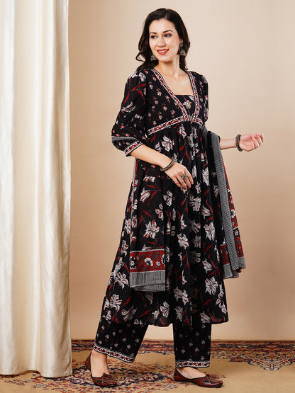 Floral Printed Embroidered Anarkali Flared Kurta with Palazzo & Dupatta - Black