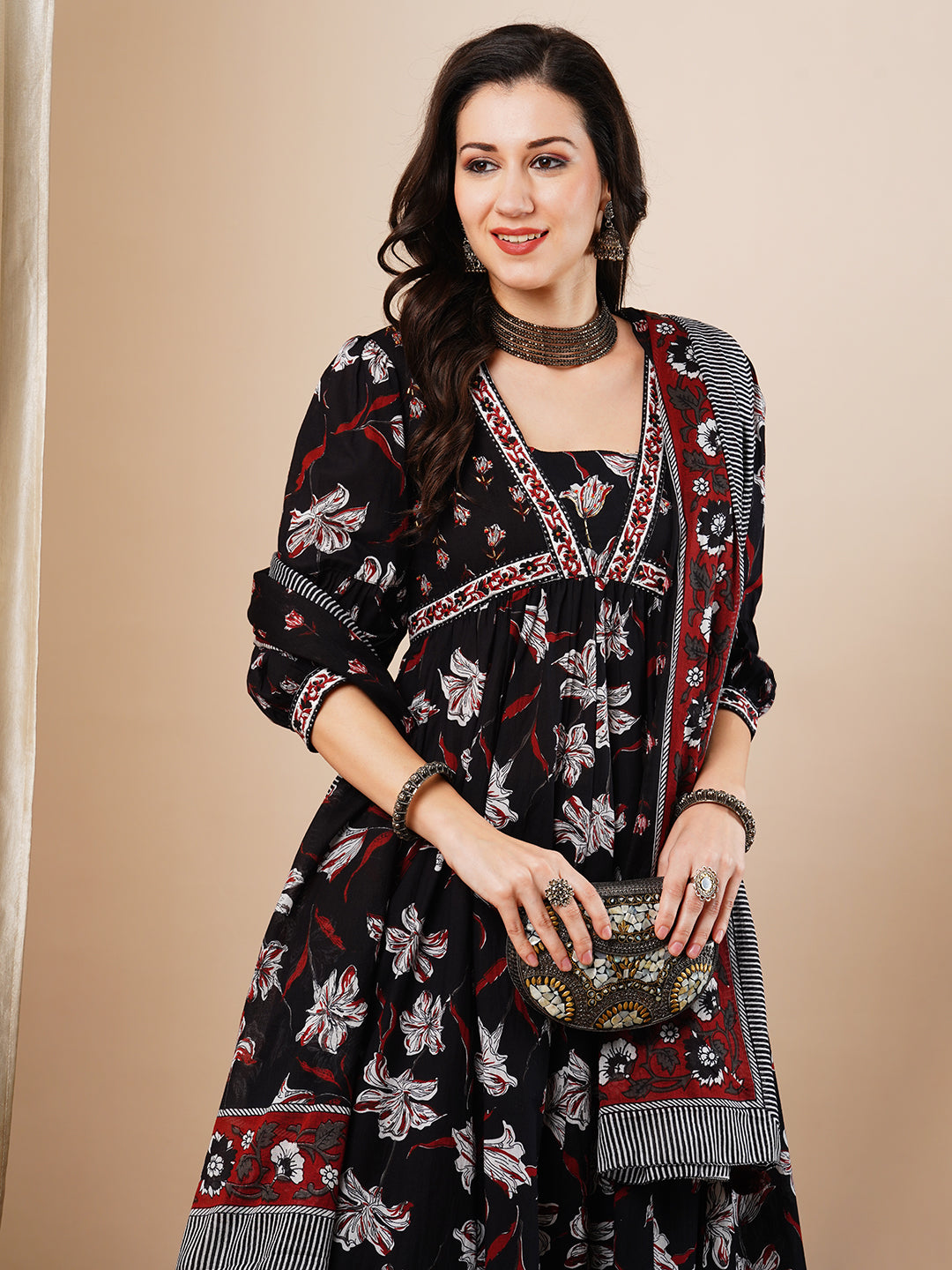 Floral Printed Embroidered Anarkali Flared Kurta with Palazzo & Dupatta - Black