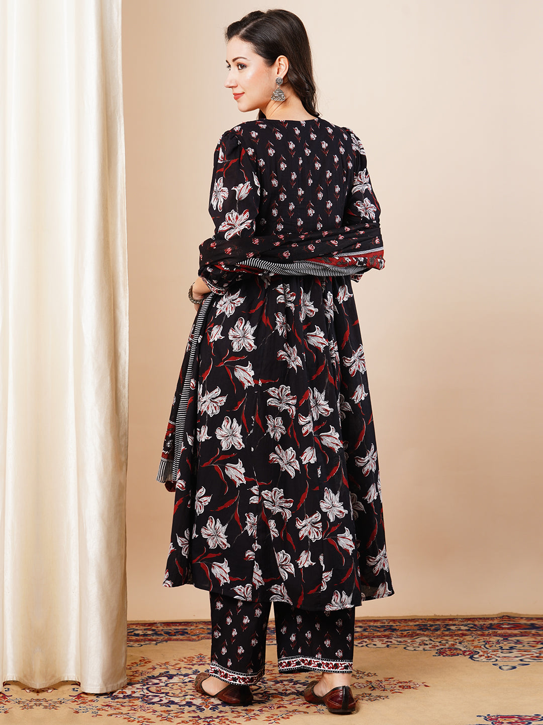 Floral Printed Embroidered Anarkali Flared Kurta with Palazzo & Dupatta - Black