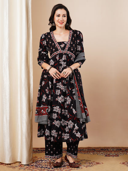 Floral Printed Embroidered Anarkali Flared Kurta with Palazzo & Dupatta - Black