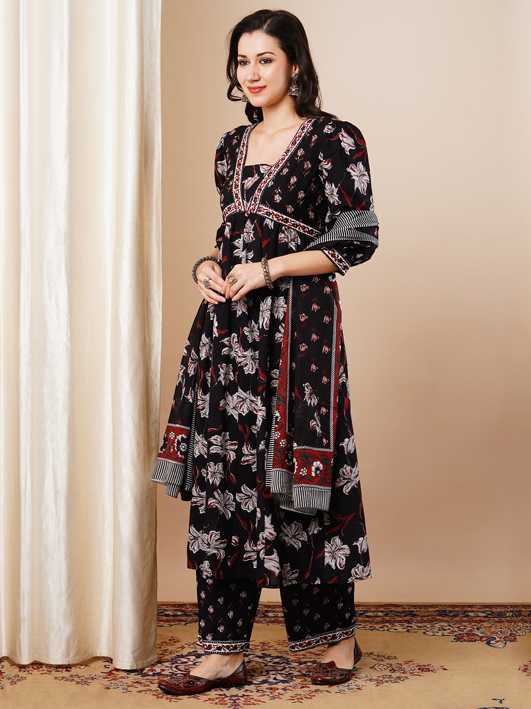 Floral Printed Embroidered Anarkali Flared Kurta with Palazzo & Dupatta - Black