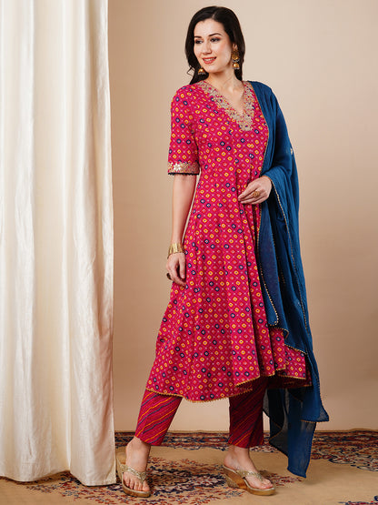 Bandhani Printed & Gota Patti Embroidered Anarkali with Pant and Dupatta - Pink