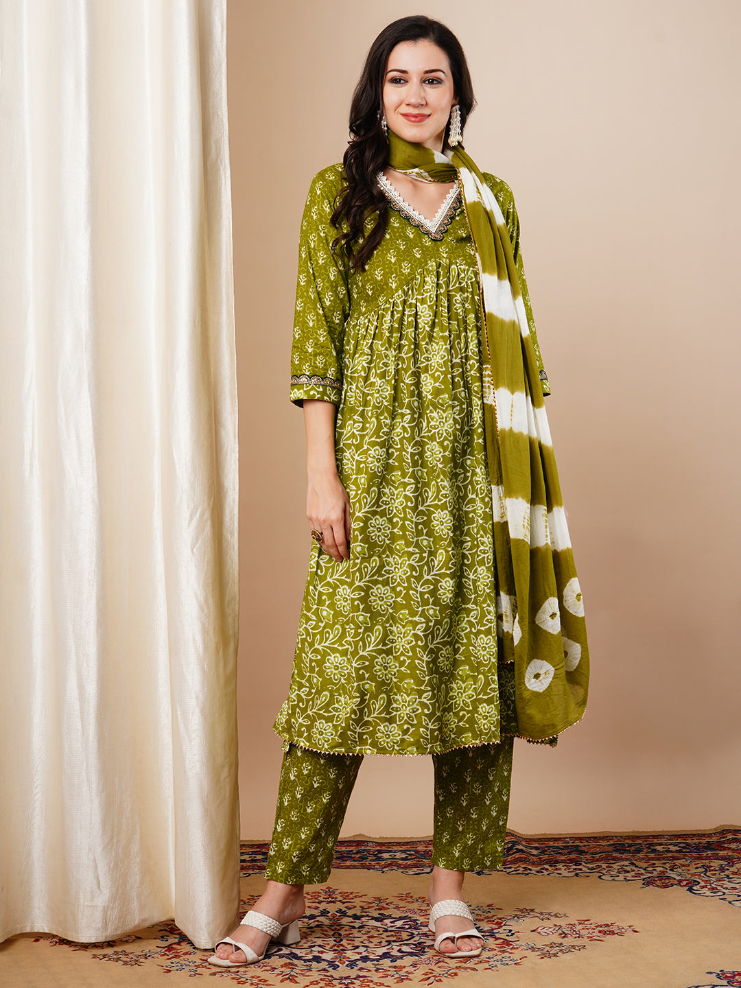 Ethnic Printed & Embroidered A-Line Pleated Kurta with Pant & Dupatta - Green