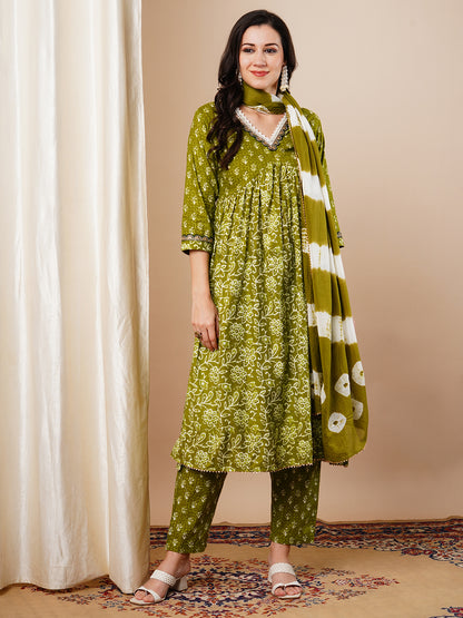 Ethnic Printed & Embroidered A-Line Pleated Kurta with Pant & Dupatta - Green