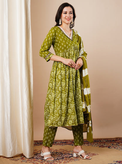 Ethnic Printed & Embroidered A-Line Pleated Kurta with Pant & Dupatta - Green