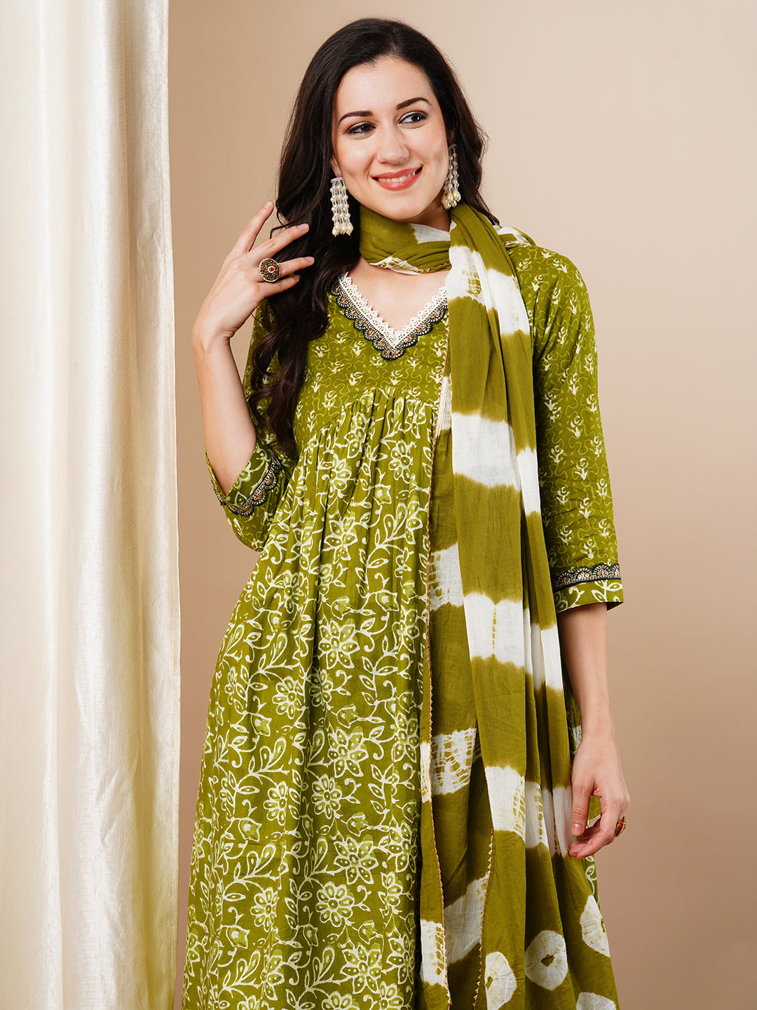 Ethnic Printed & Embroidered A-Line Pleated Kurta with Pant & Dupatta - Green