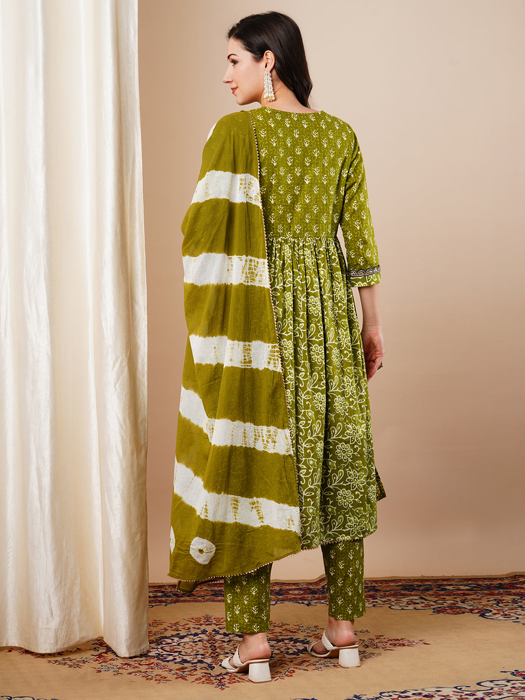 Ethnic Printed & Embroidered A-Line Pleated Kurta with Pant & Dupatta - Green