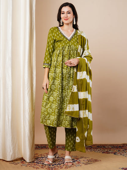 Ethnic Printed & Embroidered A-Line Pleated Kurta with Pant & Dupatta - Green