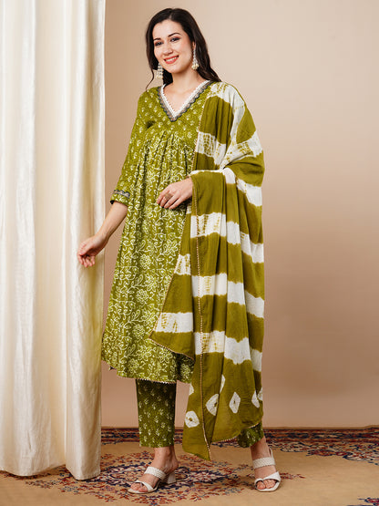 Ethnic Printed & Embroidered A-Line Pleated Kurta with Pant & Dupatta - Green