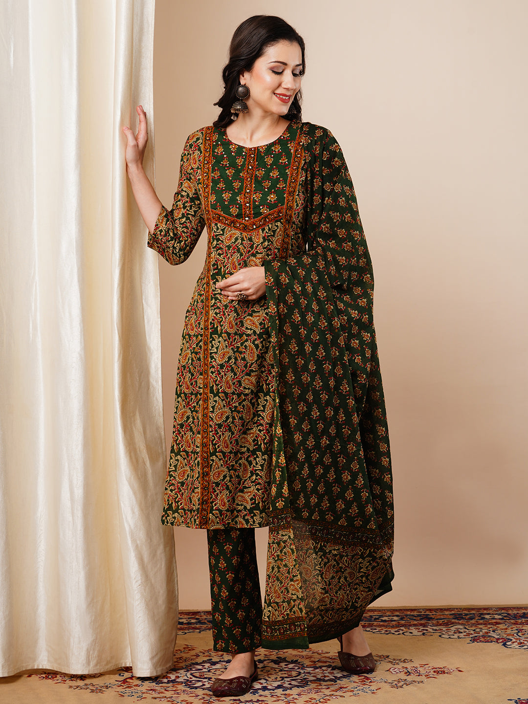 Floral Printed Embroidered Straight Fit Kurta with Pant & Dupatta - Green