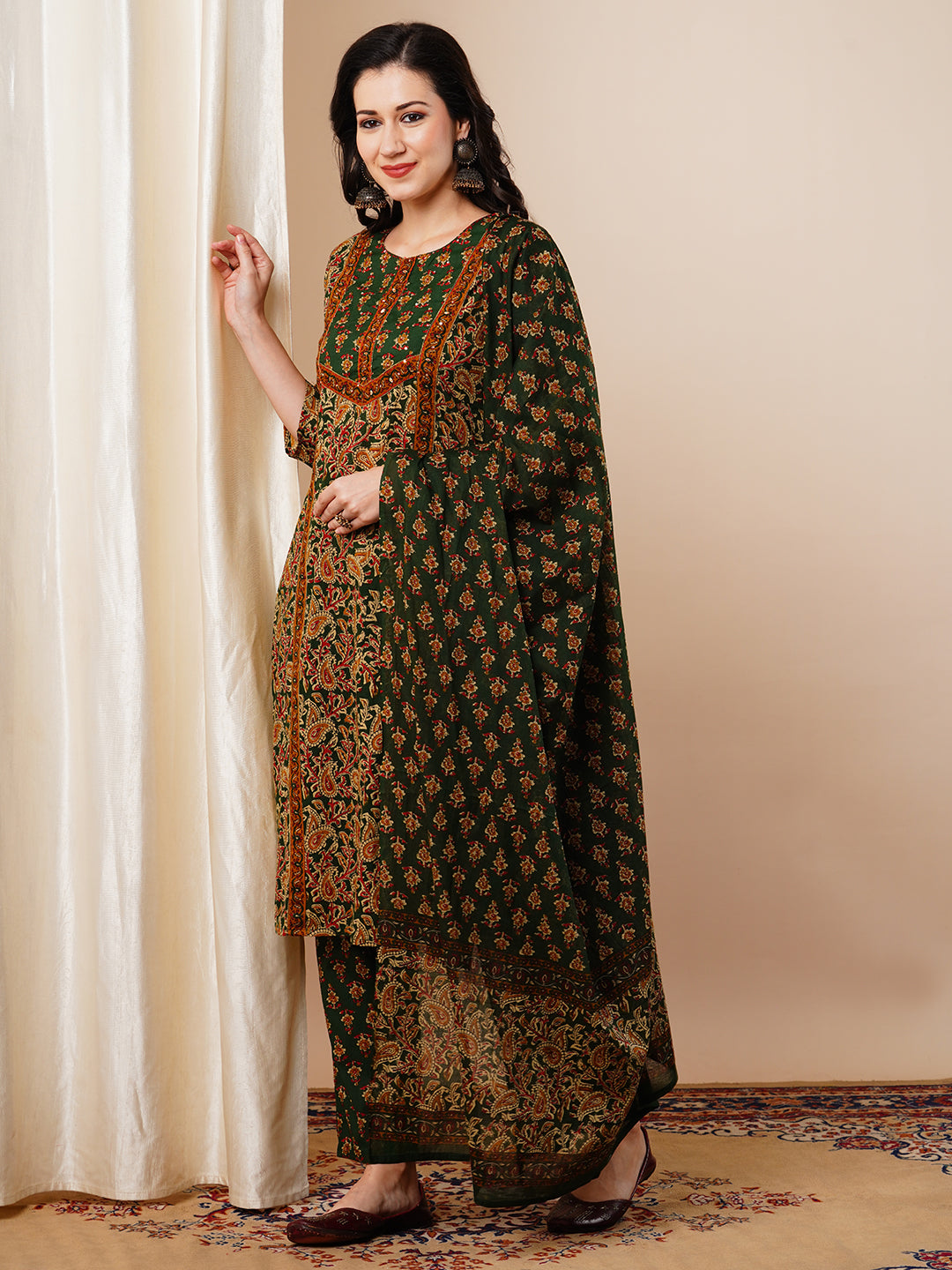 Floral Printed Embroidered Straight Fit Kurta with Pant & Dupatta - Green