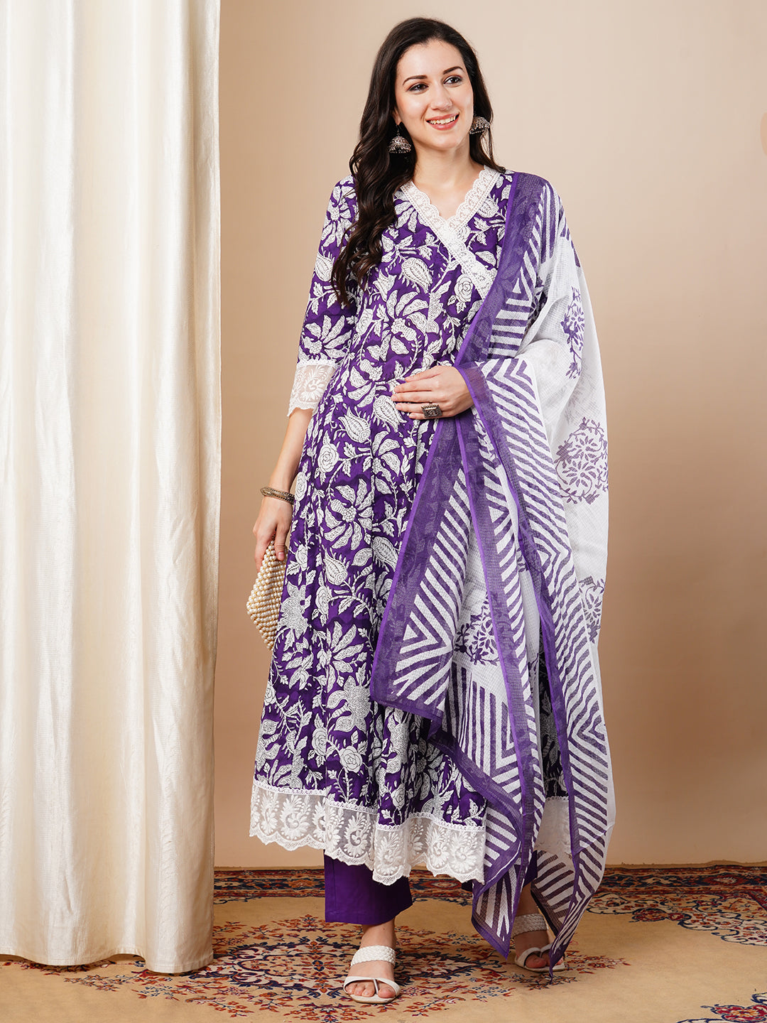 Floral Printed Embroidered Anarkali Flared Kurta with Pant & Dupatta - Purple