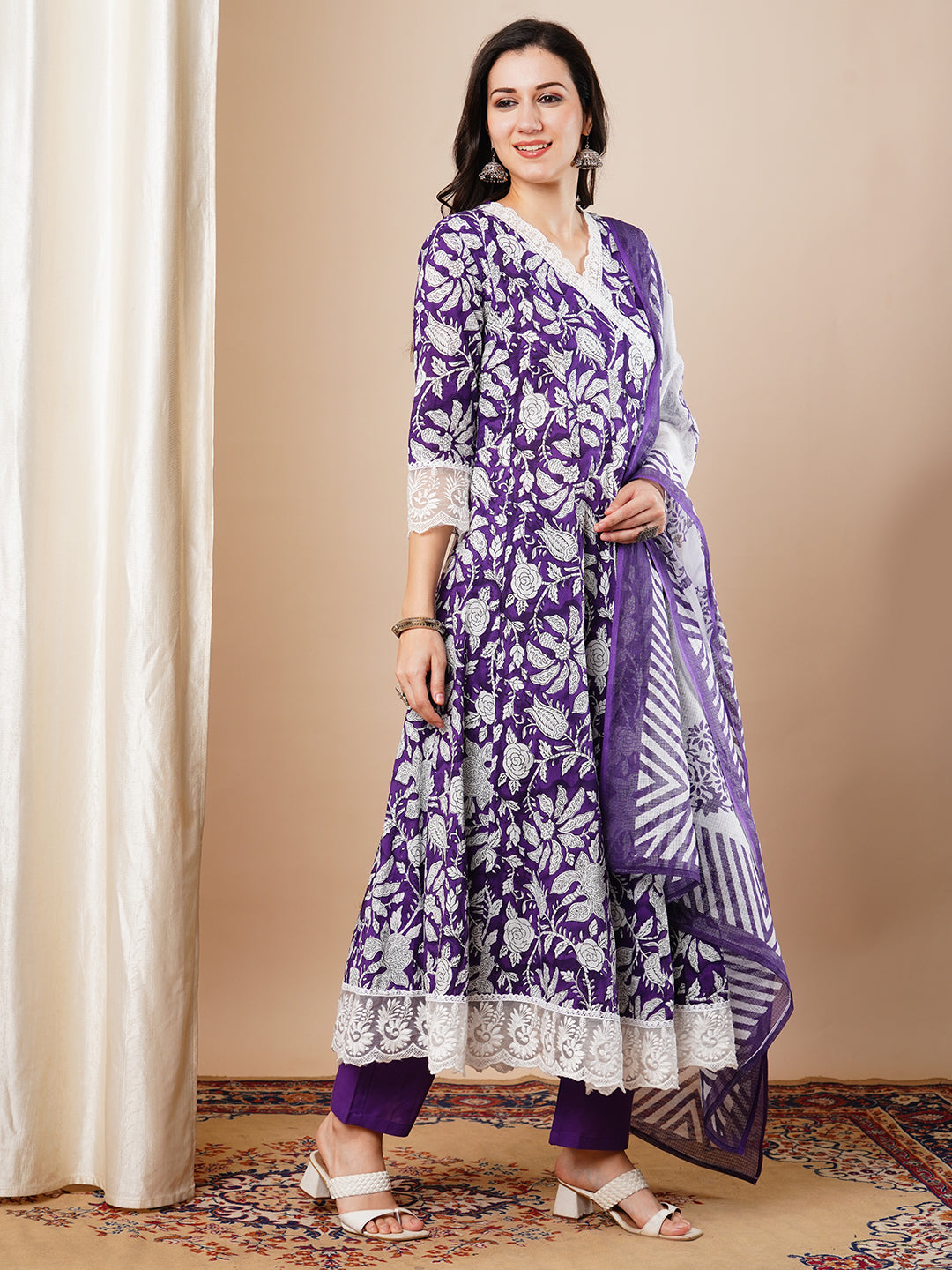 Floral Printed Embroidered Anarkali Flared Kurta with Pant & Dupatta - Purple