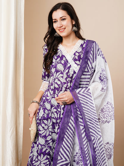 Floral Printed Embroidered Anarkali Flared Kurta with Pant & Dupatta - Purple