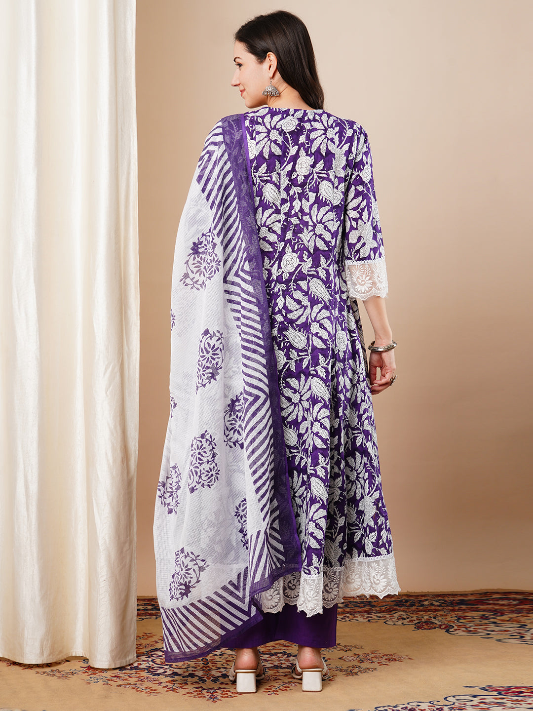 Floral Printed Embroidered Anarkali Flared Kurta with Pant & Dupatta - Purple