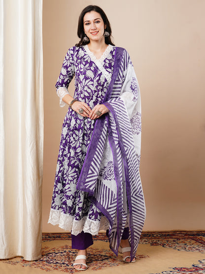 Floral Printed Embroidered Anarkali Flared Kurta with Pant & Dupatta - Purple