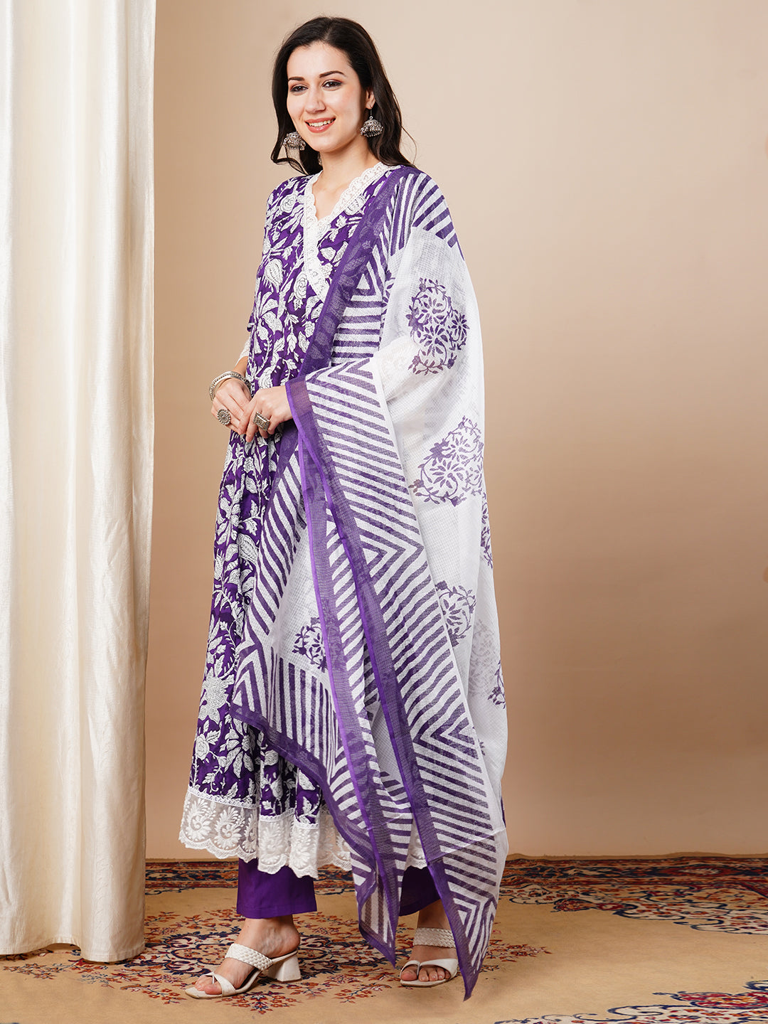 Floral Printed Embroidered Anarkali Flared Kurta with Pant & Dupatta - Purple