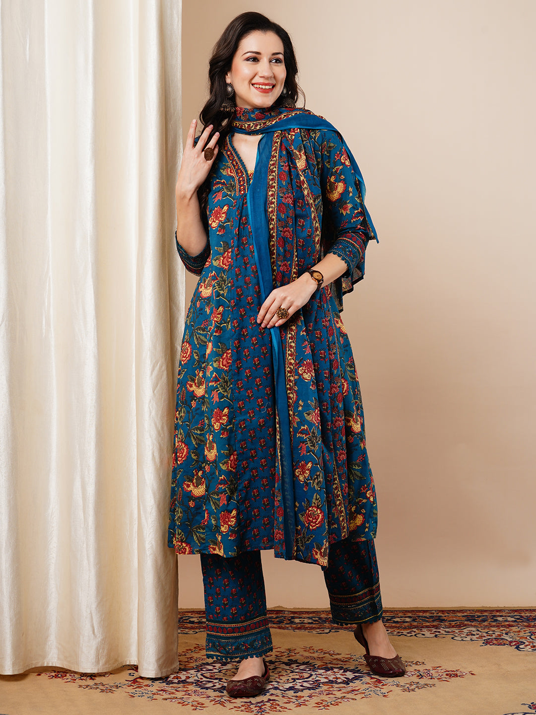 Ethnic Floral Printed & Embroidered Anarkali Flared Kurta with Pant and Dupatta - Sea Green