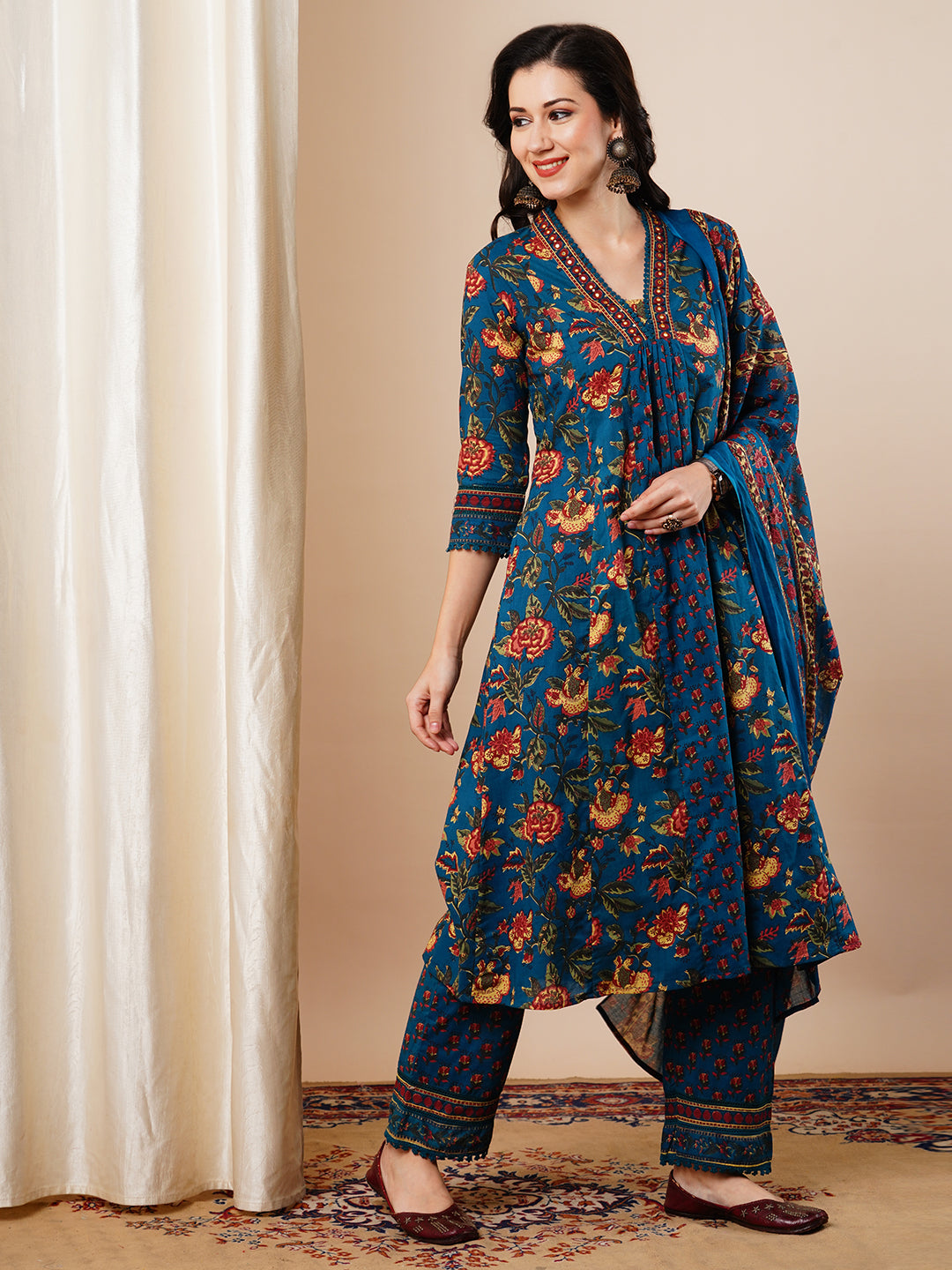 Ethnic Floral Printed & Embroidered Anarkali Flared Kurta with Pant and Dupatta - Sea Green