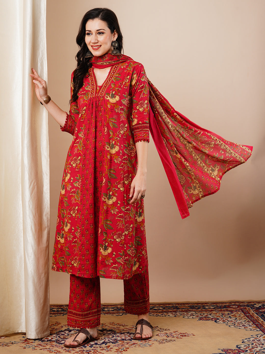 Ethnic Floral Printed A-Line Paneled Kurta with Pant and Dupatta - Red