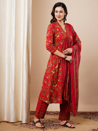 Ethnic Floral Printed A-Line Paneled Kurta with Pant and Dupatta - Red