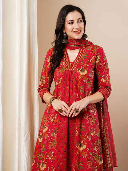 Ethnic Floral Printed A-Line Paneled Kurta with Pant and Dupatta - Red