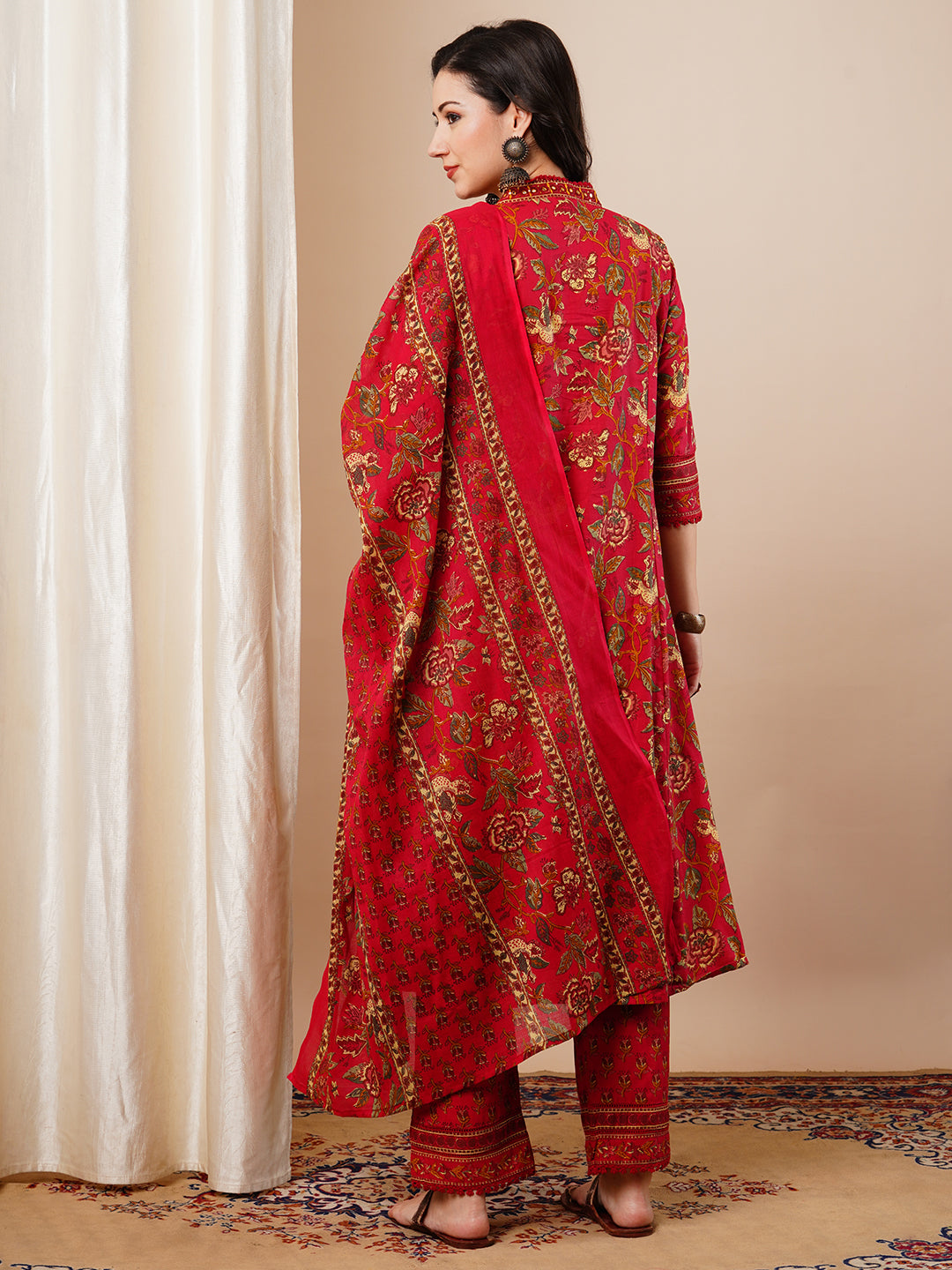 Ethnic Floral Printed A-Line Paneled Kurta with Pant and Dupatta - Red