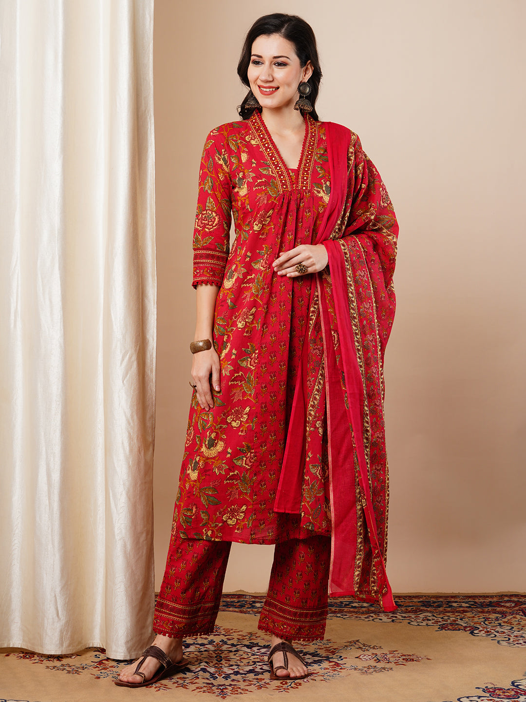 Ethnic Floral Printed A-Line Paneled Kurta with Pant and Dupatta - Red