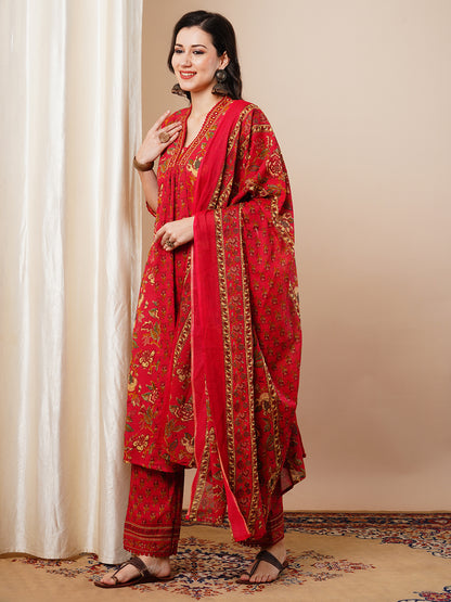 Ethnic Floral Printed A-Line Paneled Kurta with Pant and Dupatta - Red