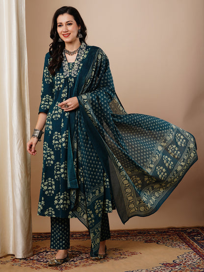 Ethnic Floral Printed A-Line Paneled Kurta with Pant and Dupatta - Teal Green