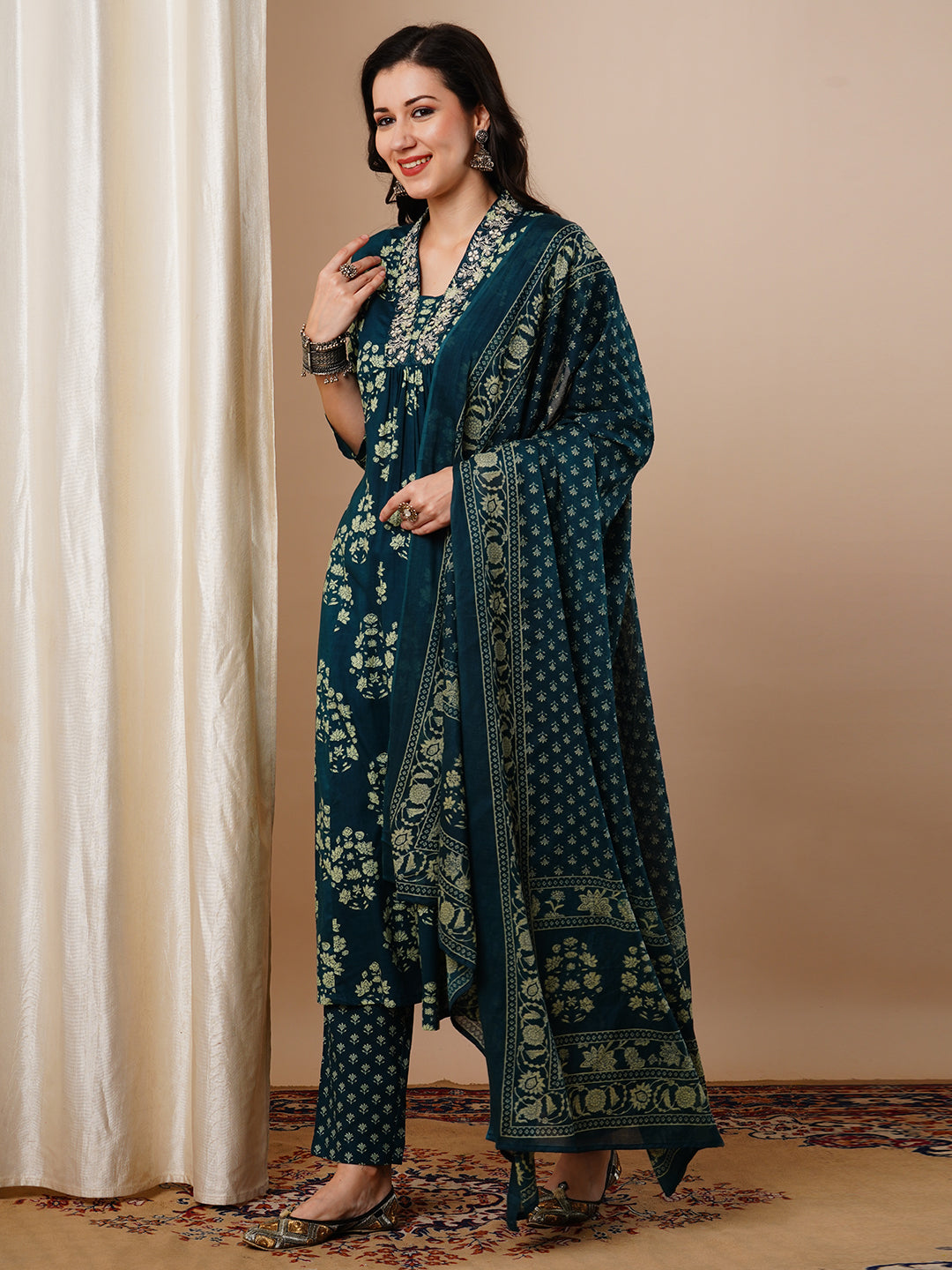 Ethnic Floral Printed A-Line Paneled Kurta with Pant and Dupatta - Teal Green