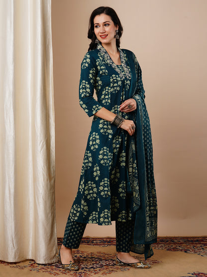 Ethnic Floral Printed A-Line Paneled Kurta with Pant and Dupatta - Teal Green