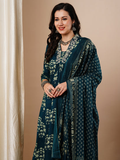 Ethnic Floral Printed A-Line Paneled Kurta with Pant and Dupatta - Teal Green